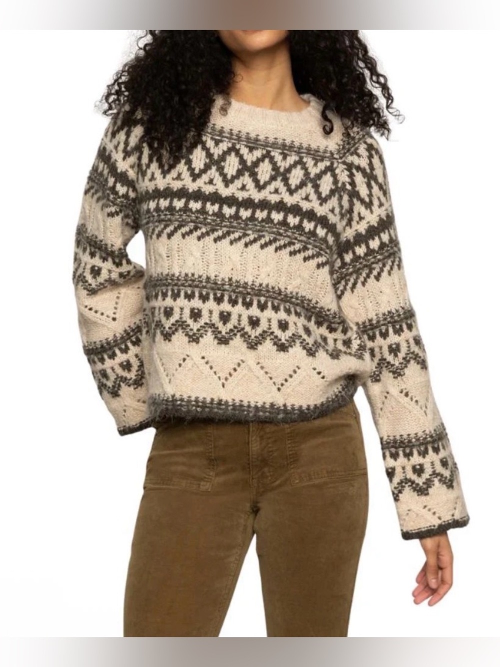 Sanctuary Fair Isle Crew Neck Sweater- Light Oat Multi. Size XS